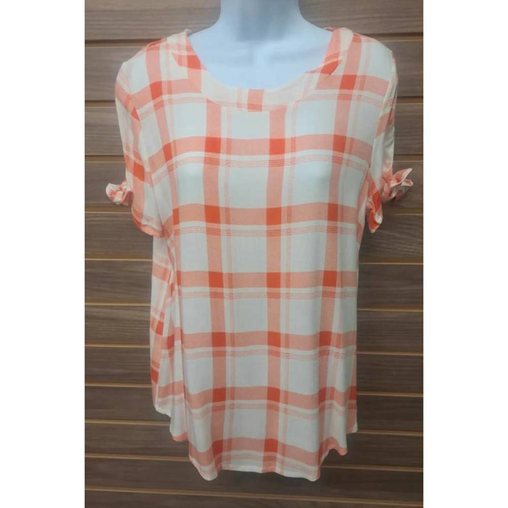 NEW MOCI women's tied short sleeve plaid linen blouse in orange